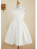 Sheer Neck Ivory Tulle Taffeta Knee Length Flower Girl Dress